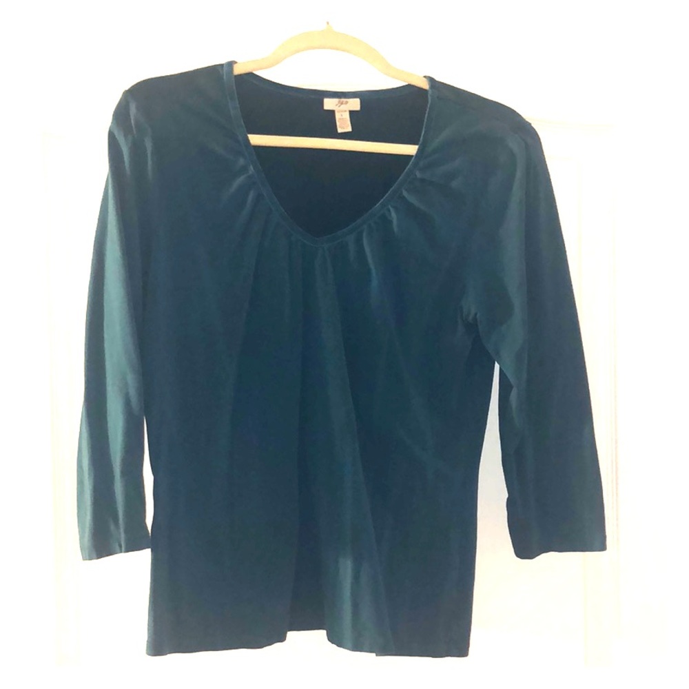 J Jill teal top 1/2 sleeve velvet trim neck L